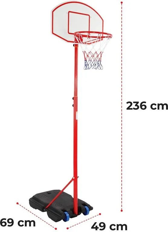 Kosz do koszykówki z kółkami, regulowany 113 - 236 cm