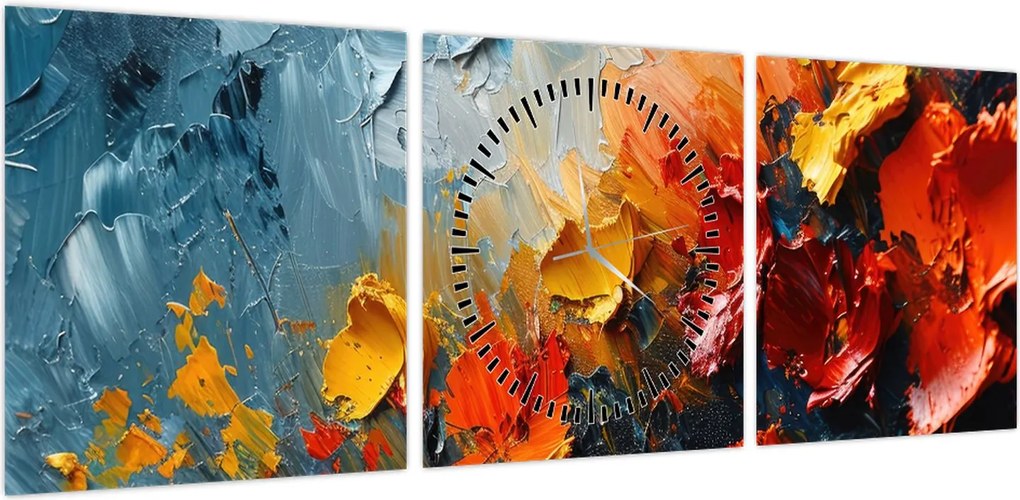 Obraz - Abstrakcyjny obraz kwiatów III. (z zegarem) (90x30 cm)
