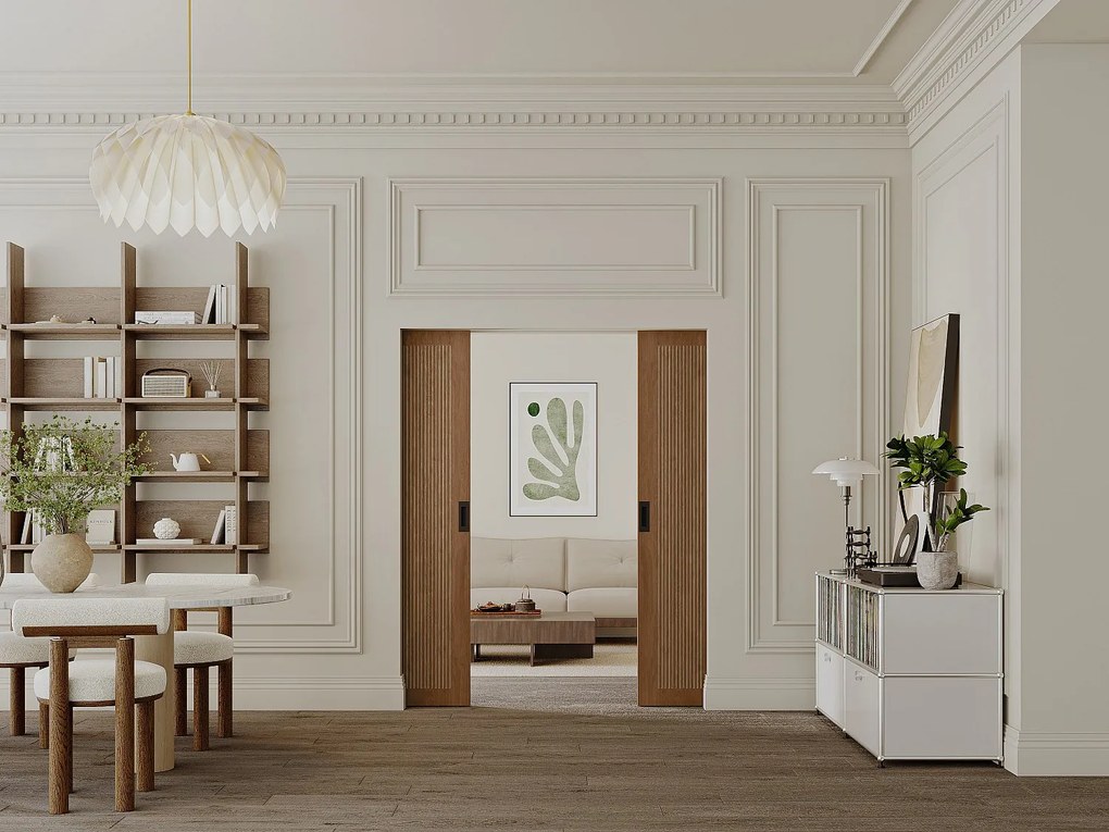 Drzwi przesuwne podwójne chowane w ścianie z MDF i drewna naturalny ciemny - 2 x wys. 205 x szer. 83 cm - SANDORA