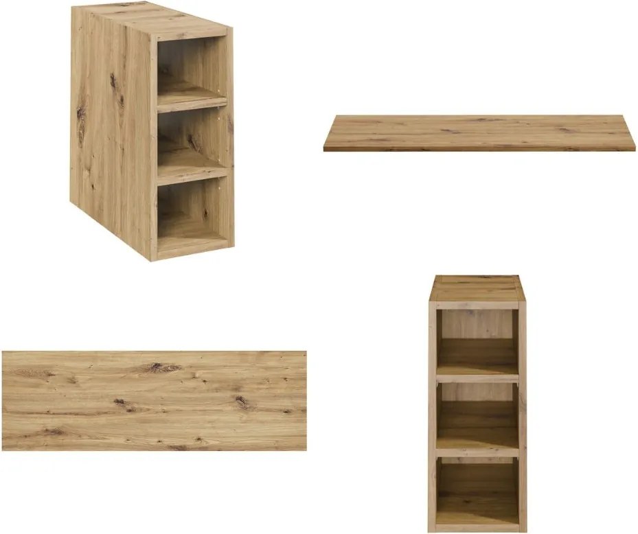 Trzydrzwiowa szafka łazienkowa Bella 140 cm z regałem i blatem, kaszmir/dąb artisan