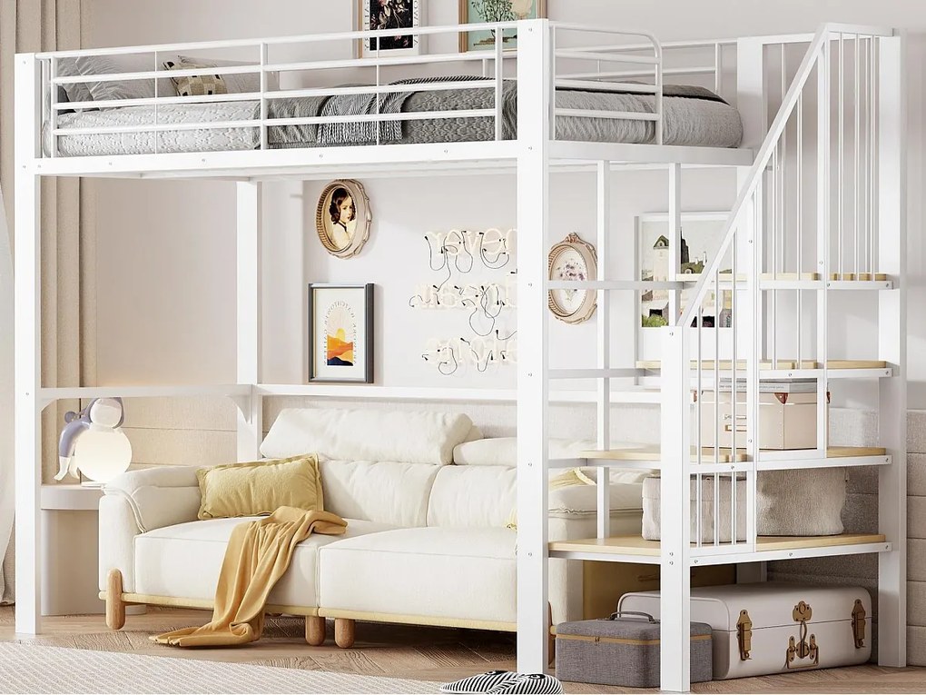 Łóżko na antresoli 90 x 200 cm - z drabiną bezpieczeństwa - z barierką bezpieczeństwa - biały​ (materac nie jest wliczony w cenę)