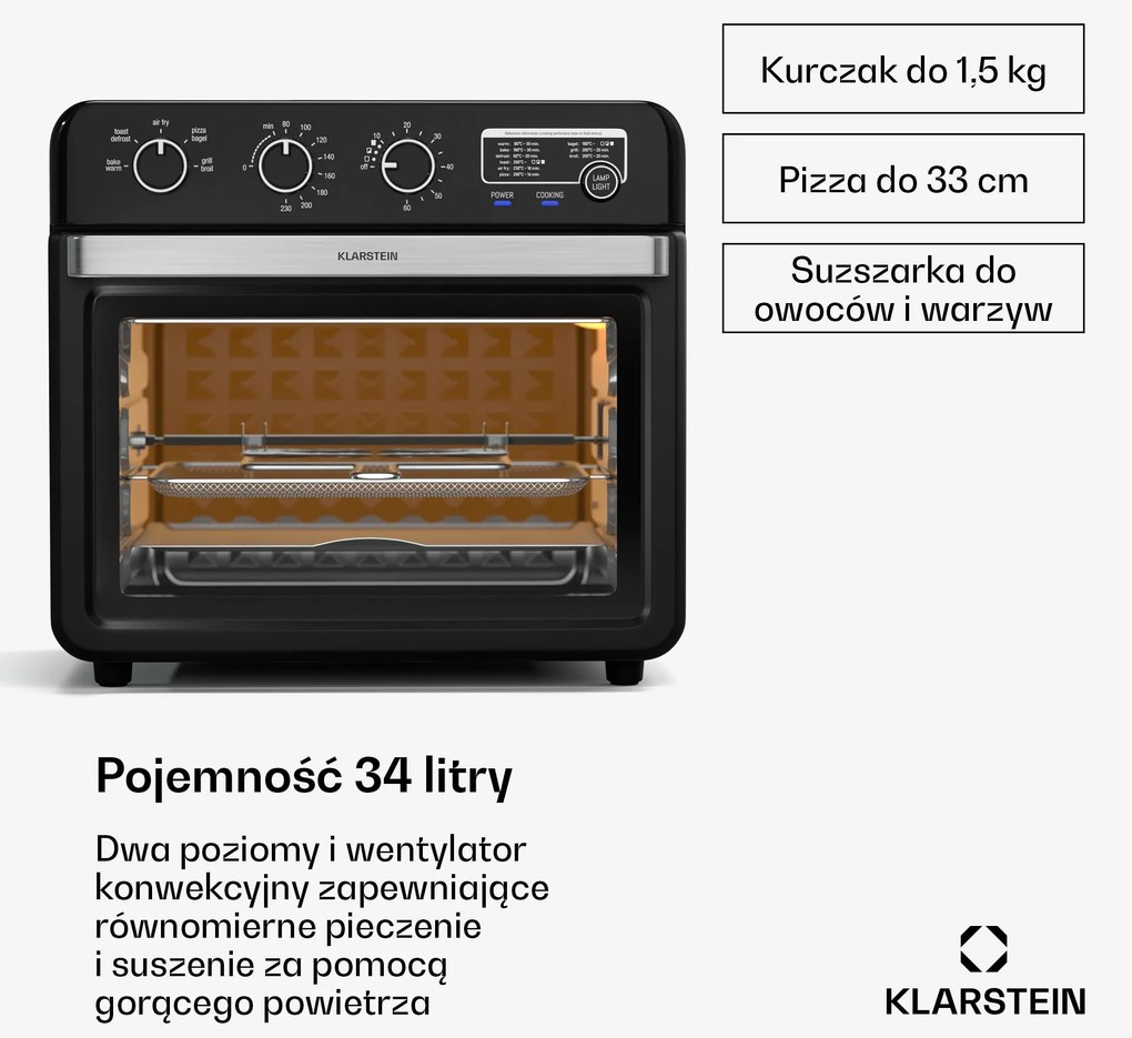 Klarstein AirGlaze 2000W 34L Piekarnik Elektryczny z Termoobiegiem Czarna