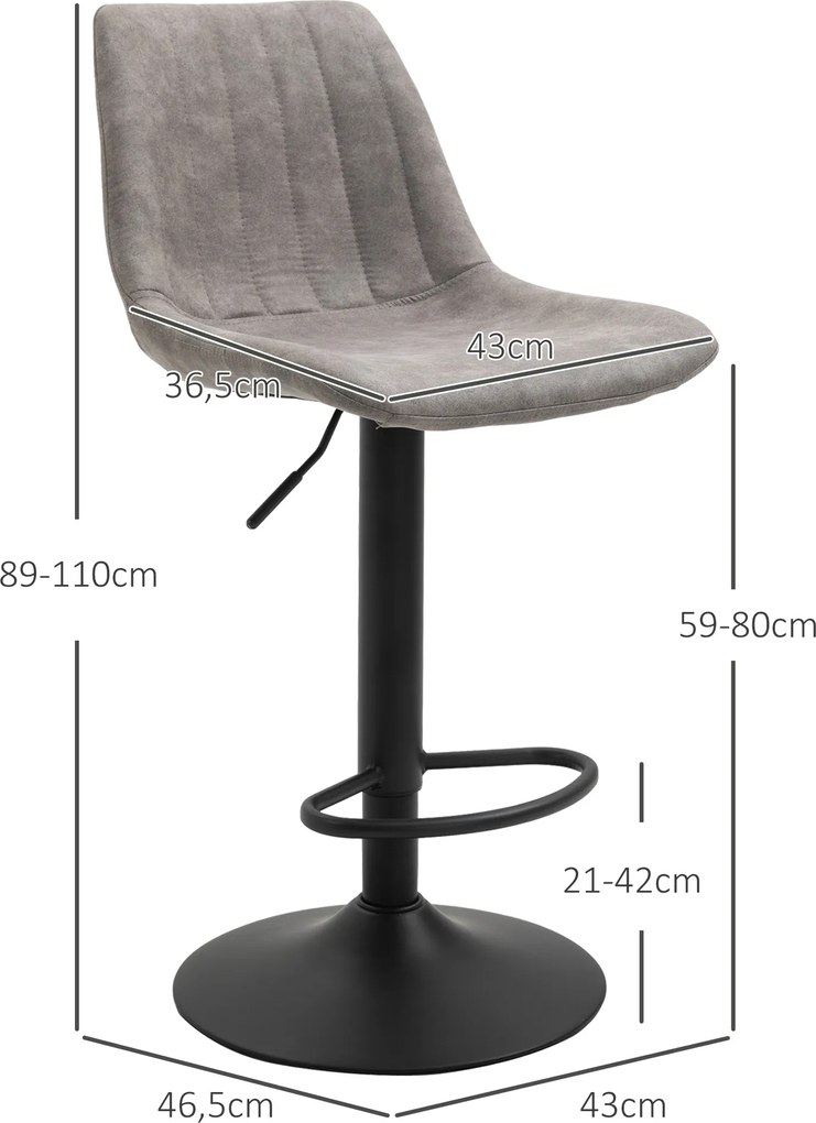 HOMCOM Zestaw 2 stołki barowe w stylu retro, z podnóżkiem, regulowane wysokość, gazowy podnośnik, Szary + Czarny