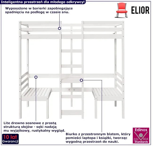 Białe piętrowe łóżko z biurkiem i krzesłami na dole 75x190 - Kerbi 3X