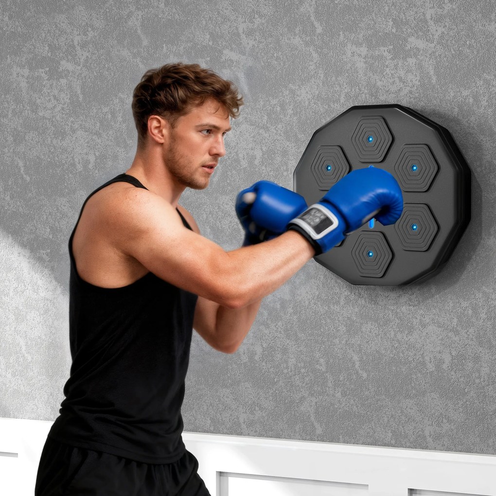 SPORTNOW Trener bokserski z funkcją muzyki, Bluetooth, migające punkty, montaż na ścianie, skóra ekologiczna, Czarny