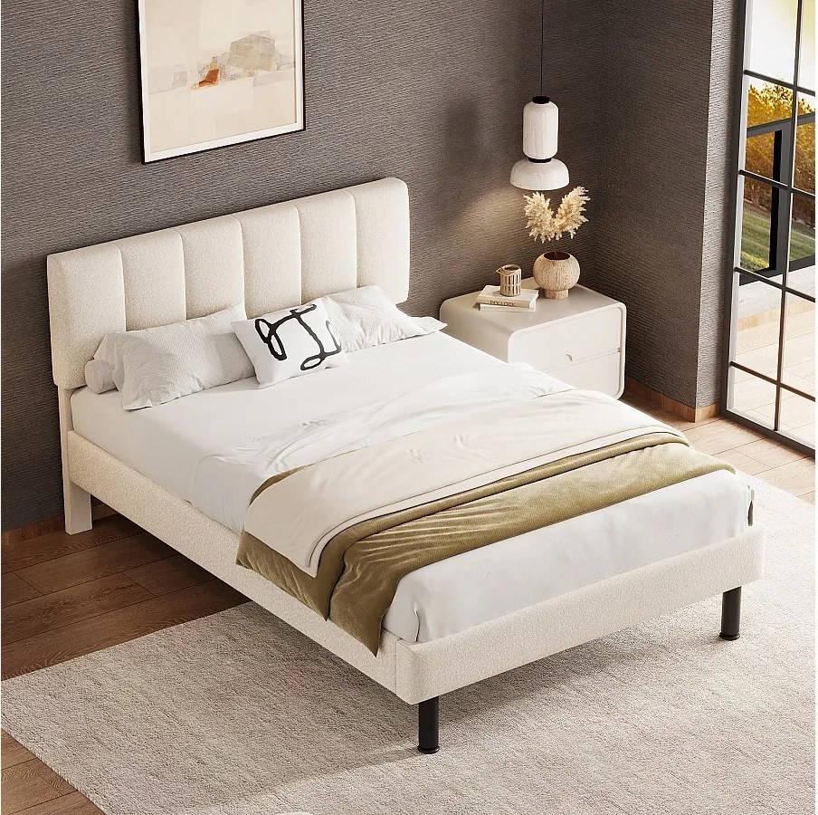 Łóżko tapicerowane - 140 x 190 cm - z wezgłowiem - tkanina Sherpa - materac nie jest wliczony w cenę - beżowe