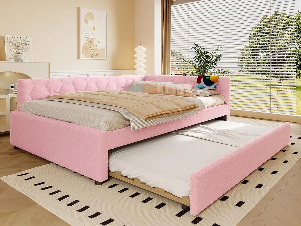 Kanapa rozkładana 140×200 cm - z łóżkiem piętrowym - z portem USB + Type-C - różowa (bez materaca)