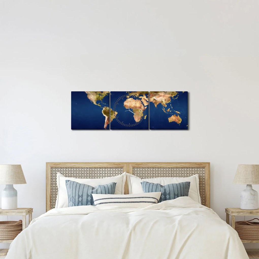 Obraz - Mapa Świata (z zegarem) (90x30 cm)