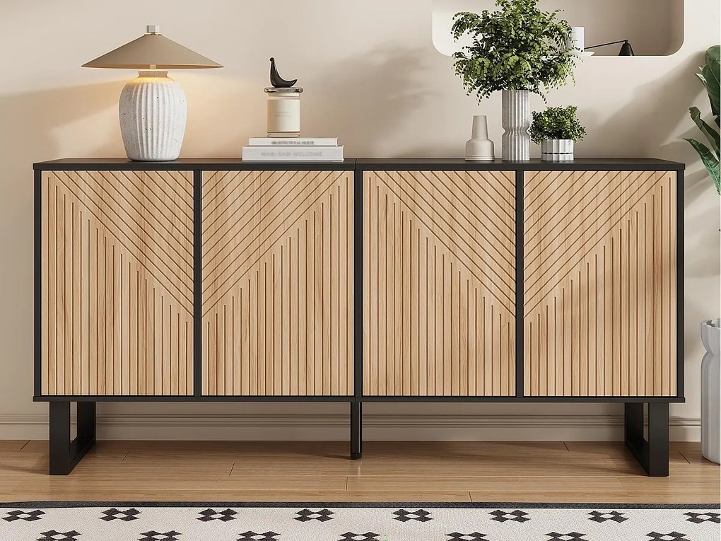 Nowoczesny bufet 160x38x75 cm - 4 drzwi - Wzór pasków 3D - Konstrukcja stalowa - Kolor naturalny i czarny