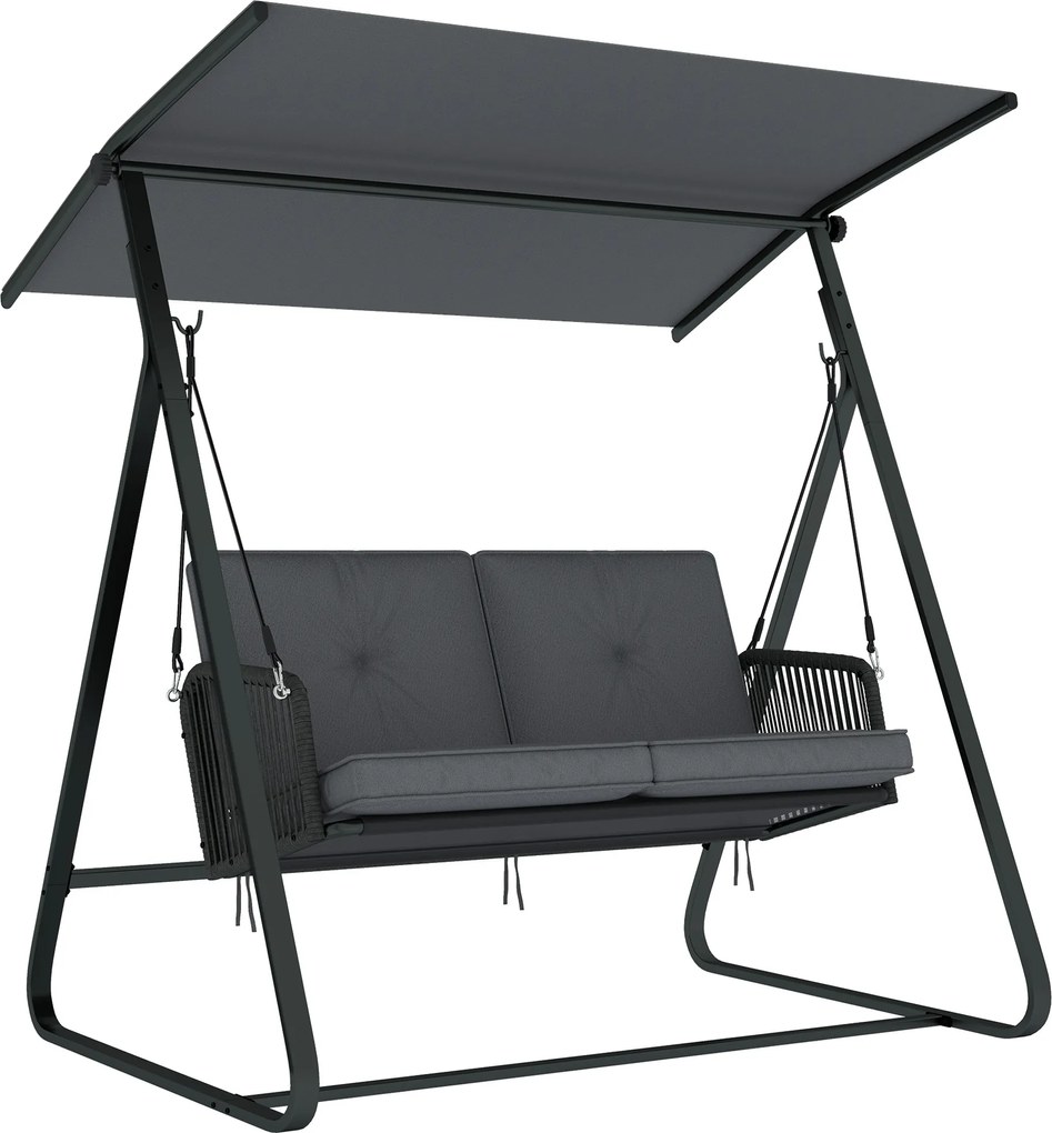 Outsunny Huśtawka rattanowa 2-osobowa z regulowanym daszkiem, miękką poduszką, stelażem A | Aosom PL