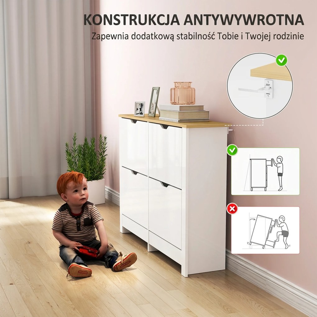 HOMCOM Wąska szafka na buty z 4 uchylnymi przegrodami, na 8–16 par butów, 105 x 26 x 80 cm, biały + naturalny | Aosom PL
