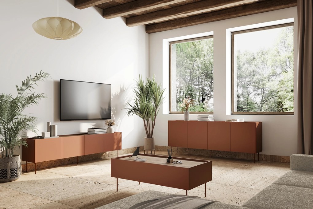 Szafka RTV Desin 220 cm z metalowymi nogami - ceramic red / dąb nagano