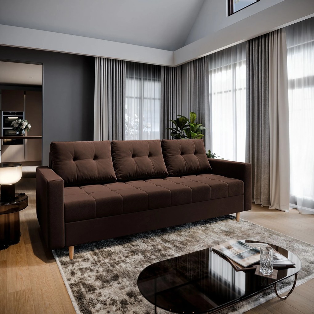 Masseno Sofa MILO z funkcją spania i pojemnikiem na pościel, Rozkładana sofa - Brązowy, KRONOS 06
