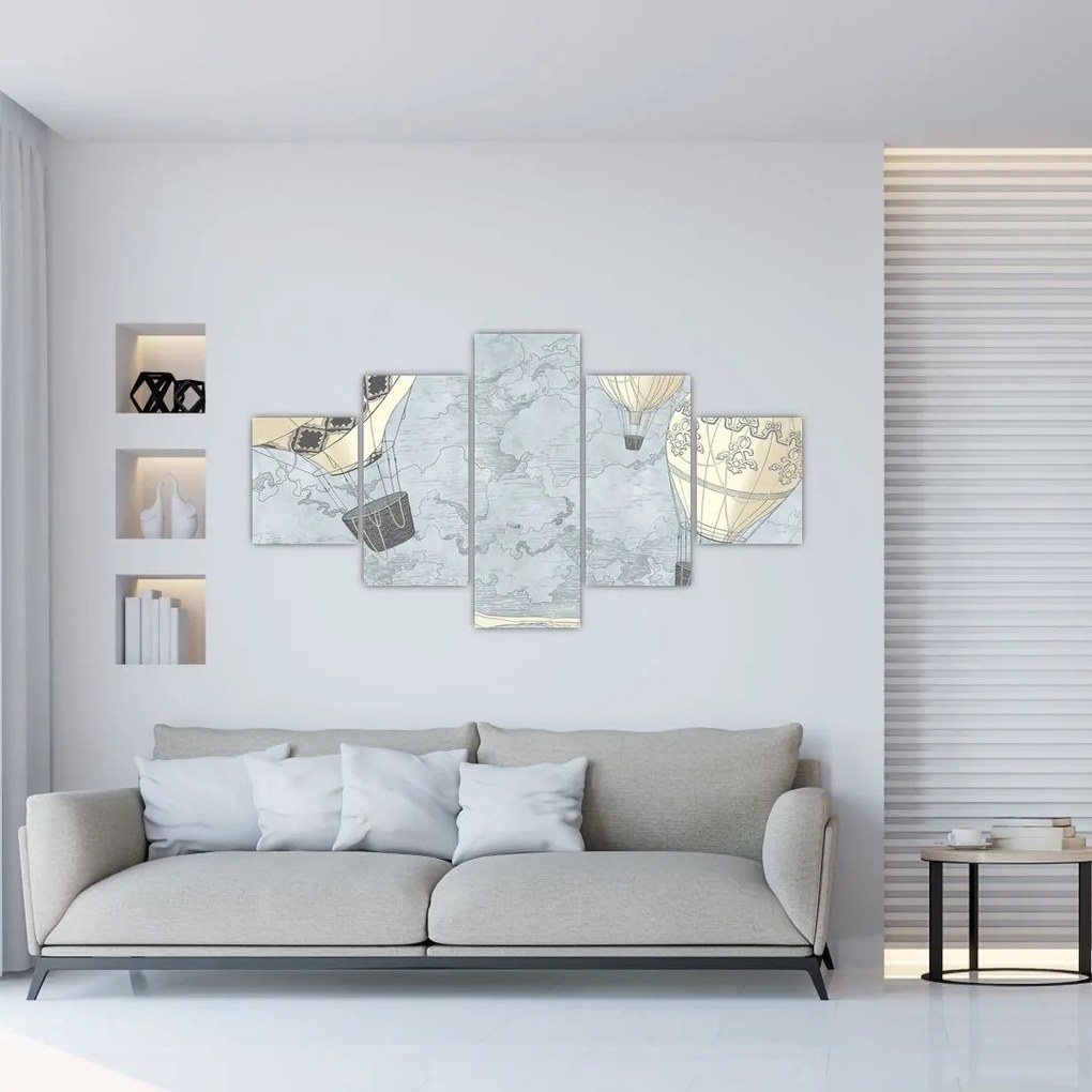 Obraz - Balony nad miastem, zimne odcienie (125x70 cm)