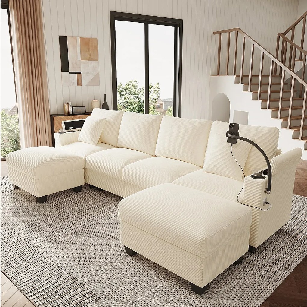 Zestaw wypoczynkowy w kształcie litery U, 4-osobowy - 275,5 x 139 x 87 cm - z podnóżkiem + portem USB + schowkiem - aksamitny - beżowy