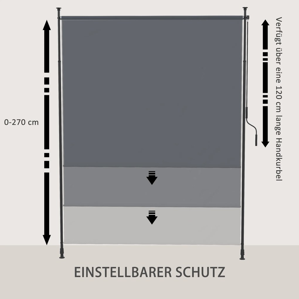 Outsunny Markiza Boczna Metalowa Szara 200x215 cm 2.15-3.05 m Montaż Bez Wiercenia Regulowana Wysokość Z Korbką Ręczna | Aosom PL