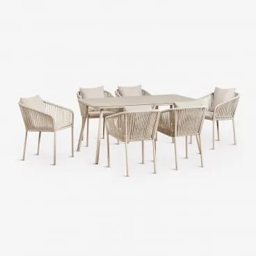 Zestaw Stołu Prostokątnego 160x90 Cm I 6 Krzeseł Jadalnianych Z Plecionej Liny Arhiza Classic Kremowa Tapioca - Sklum