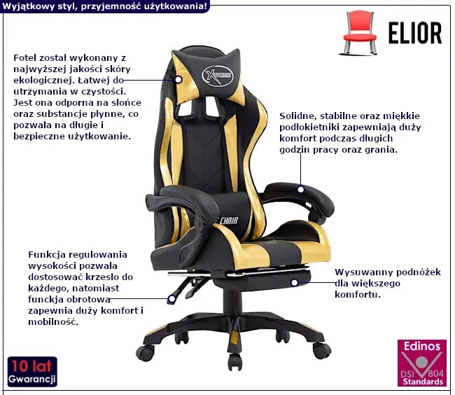 Czarno-złoty fotel gamingowy z podnóżkiem - Arvola 6X