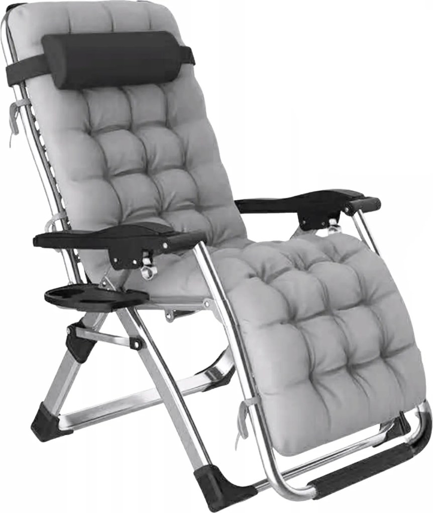 Leżak ogrodowy składany Solano z poduszką i uchwytem na napoje, szary