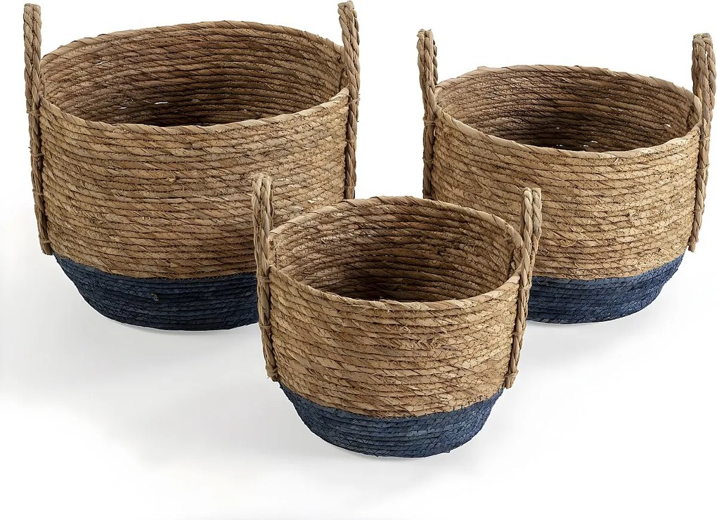 Zestaw trzech koszyków Colummn Iria z naturalnego włókna, niebieski/naturalny.