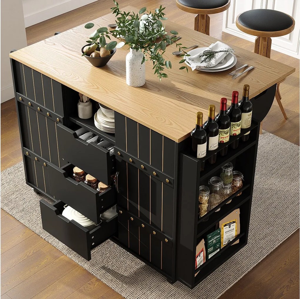 Szafka kuchenna z drzwiami - 110 x 42 x 90 cm - wózek kuchenny z 3 szufladami - MDF - czarny