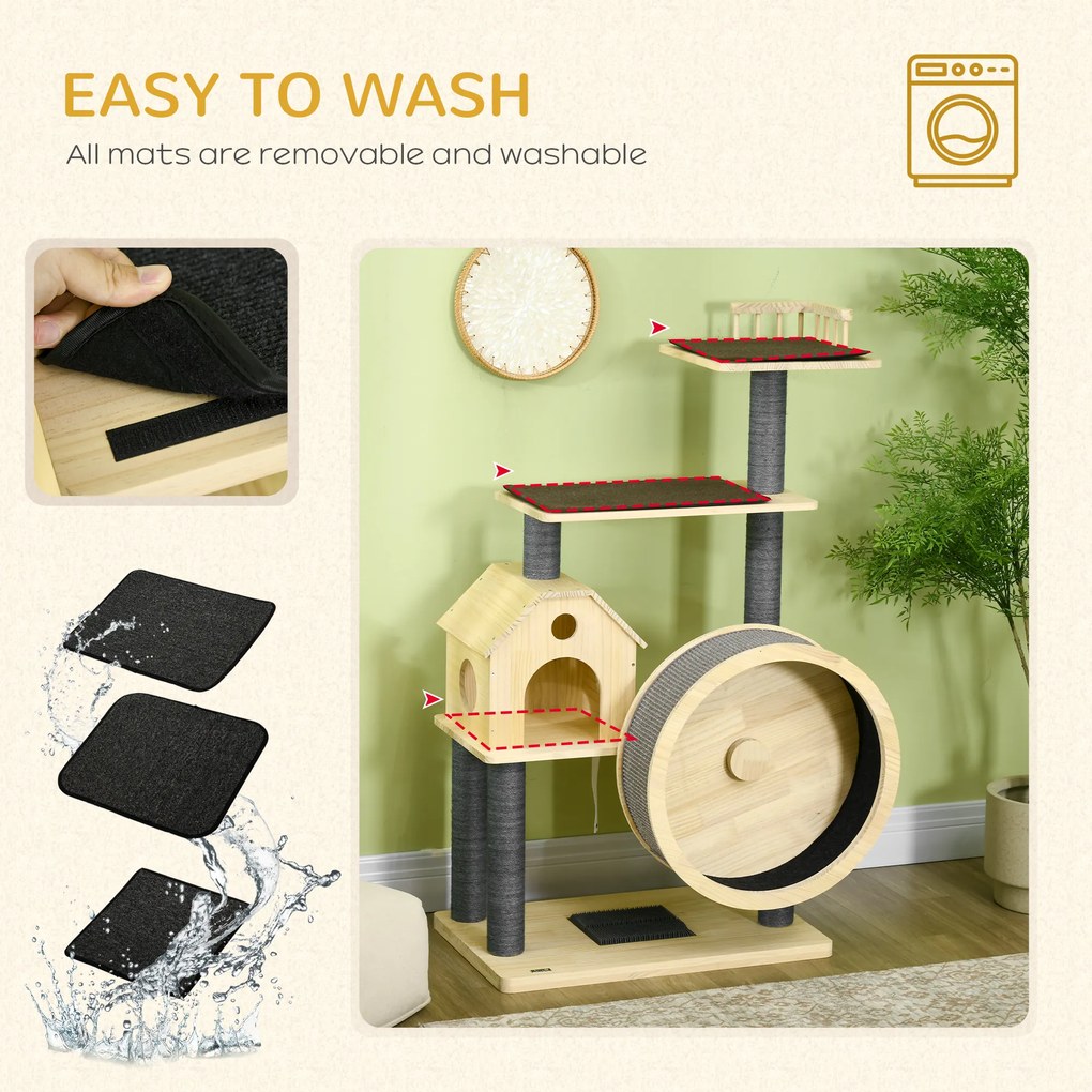 PawHut Drapak dla kota z kołowrotkiem 4-poziomowe drzewo dla kota domek dla kota z sizalowymi słupkami lite drewno