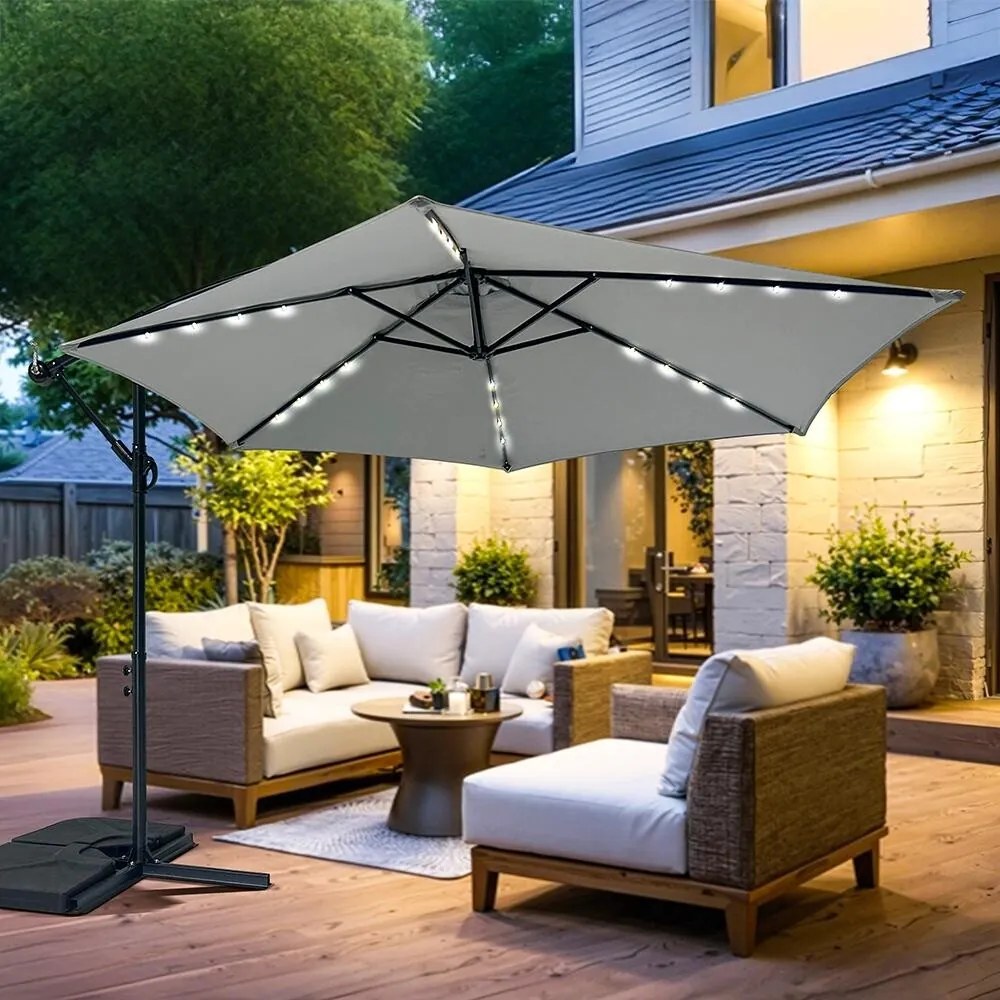 Avenberg Duży parasol z regulacją nachylenia Sunny LED 300, szary