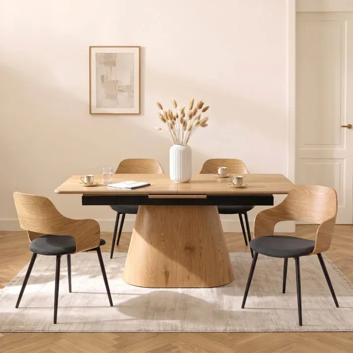 Zestaw Stół Rozkładany Ceramiczny LIZBONA 160-200 cm Dąb i 4 Krzesła ORBI Czarne/Dąb