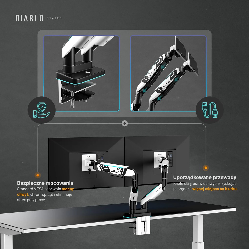 Podwójny uchwyt na monitory 49 cali, biało-czarny X-Arm Dual RGB
