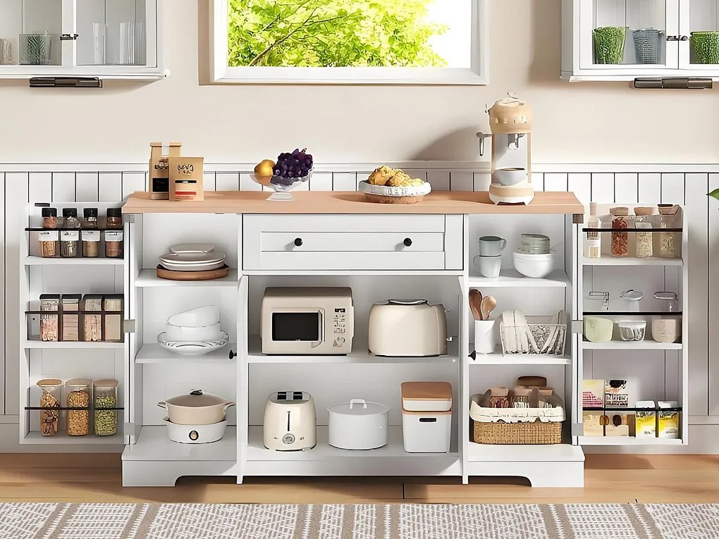 Nowoczesny kredens 138×40×85 cm - z 2 drzwiami i 1 szufladą - 2 drzwi z półkami - biały+naturalny