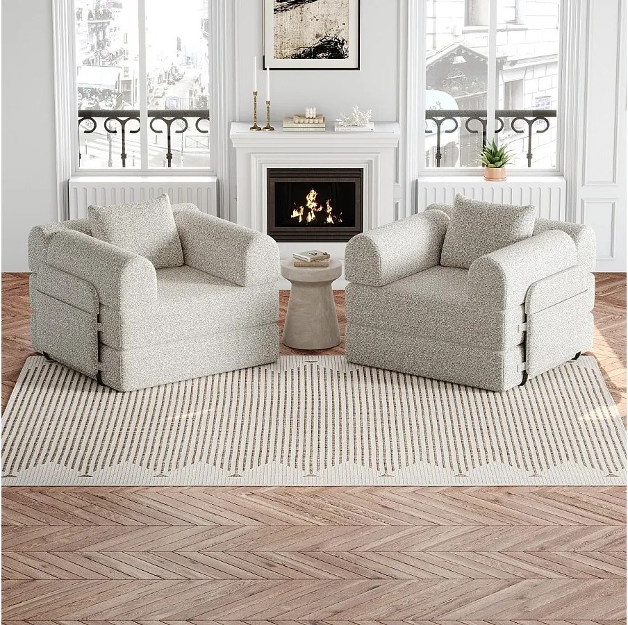 Sofa 2-osobowa, Sofa rozkładana z podłokietnikami i kieszeniami bocznymi, metalowa rama - Khaki szenil