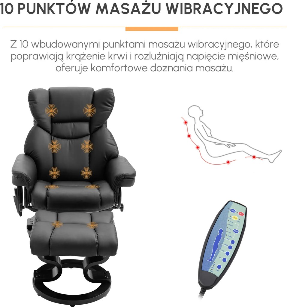 HOMCOM Fotel do masażu z podnóżkiem fotel relaksacyjny nachylenie 145° czarny 79 x 82 x 101 cm
