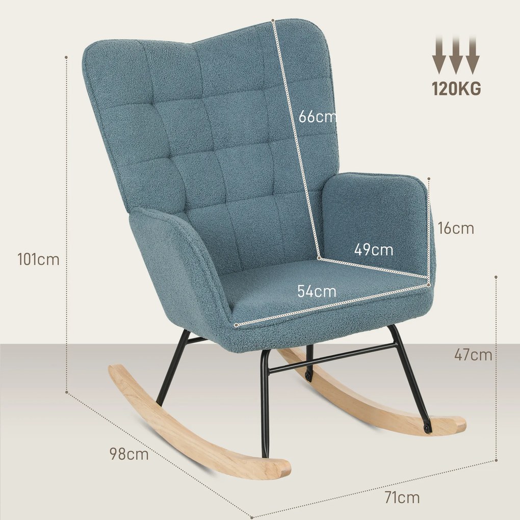 HOMCOM Fotel bujany ergonomiczny z drewnianymi płozami do 120 kg jasnoniebieski | Aosom PL