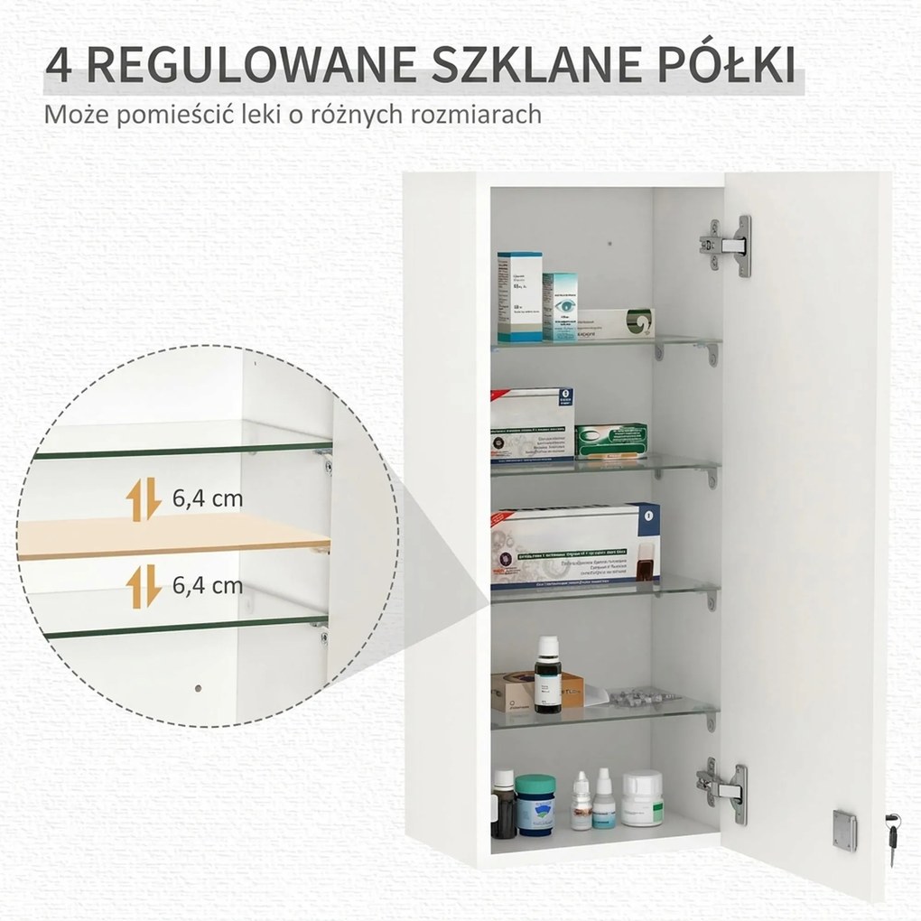 Szafka ścienna Kleankin z regulowanymi półkami, biała płyta wiórowa E1, zamykana na klucz, 30x20x70 cm | Aosom PL