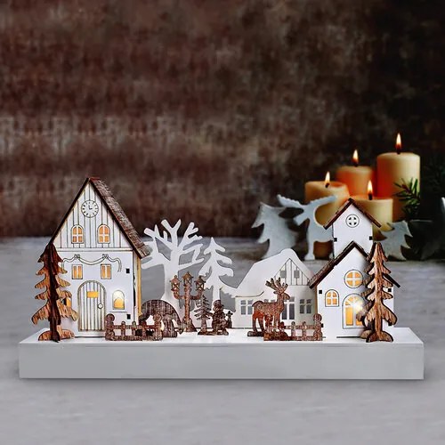 Solight LED wioska świąteczna, 34 x 17 cm, drewno, 4 diody LED, 2x AA