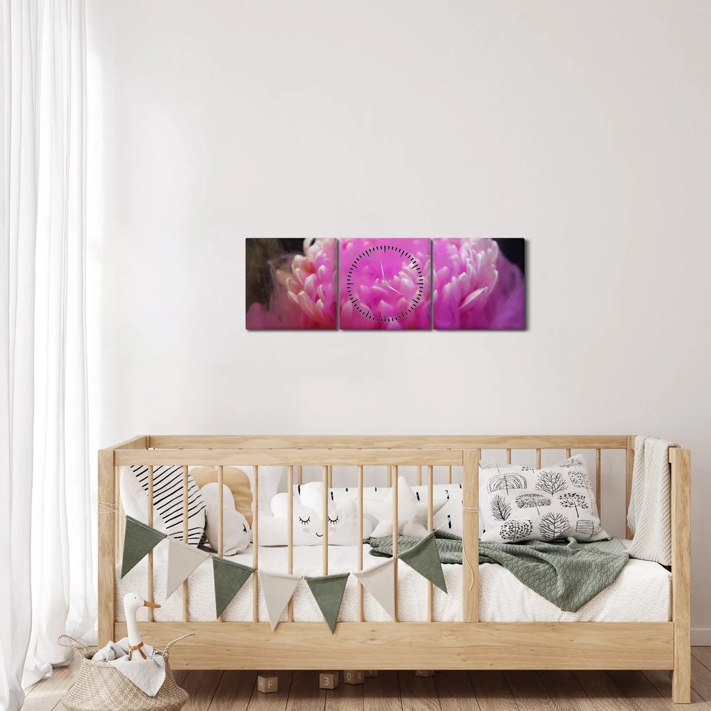 Obraz kwiatu w różowym dymie (z zegarem) (90x30 cm)