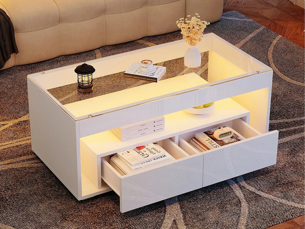 Błyszczący stolik kawowy 100x50x40 cm - z 2 szufladami - z oświetleniem LED - Blat szklany - Biały