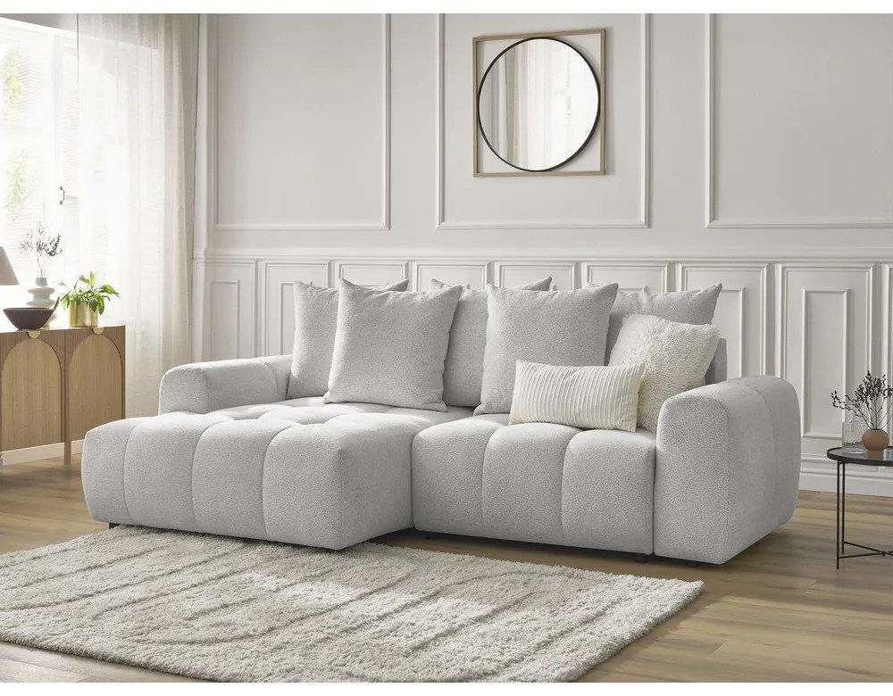 Jasnoszary rozkładany/ze schowkiem narożnik z tkaniny szenilowej (lewostronny/z szezlongiem) Roxelane – Bobochic Paris