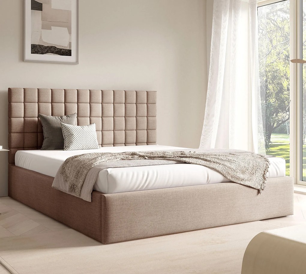 Ciemnobeżowe pikowane łóżko z pojemnikiem 3 rozmiary E9-G38