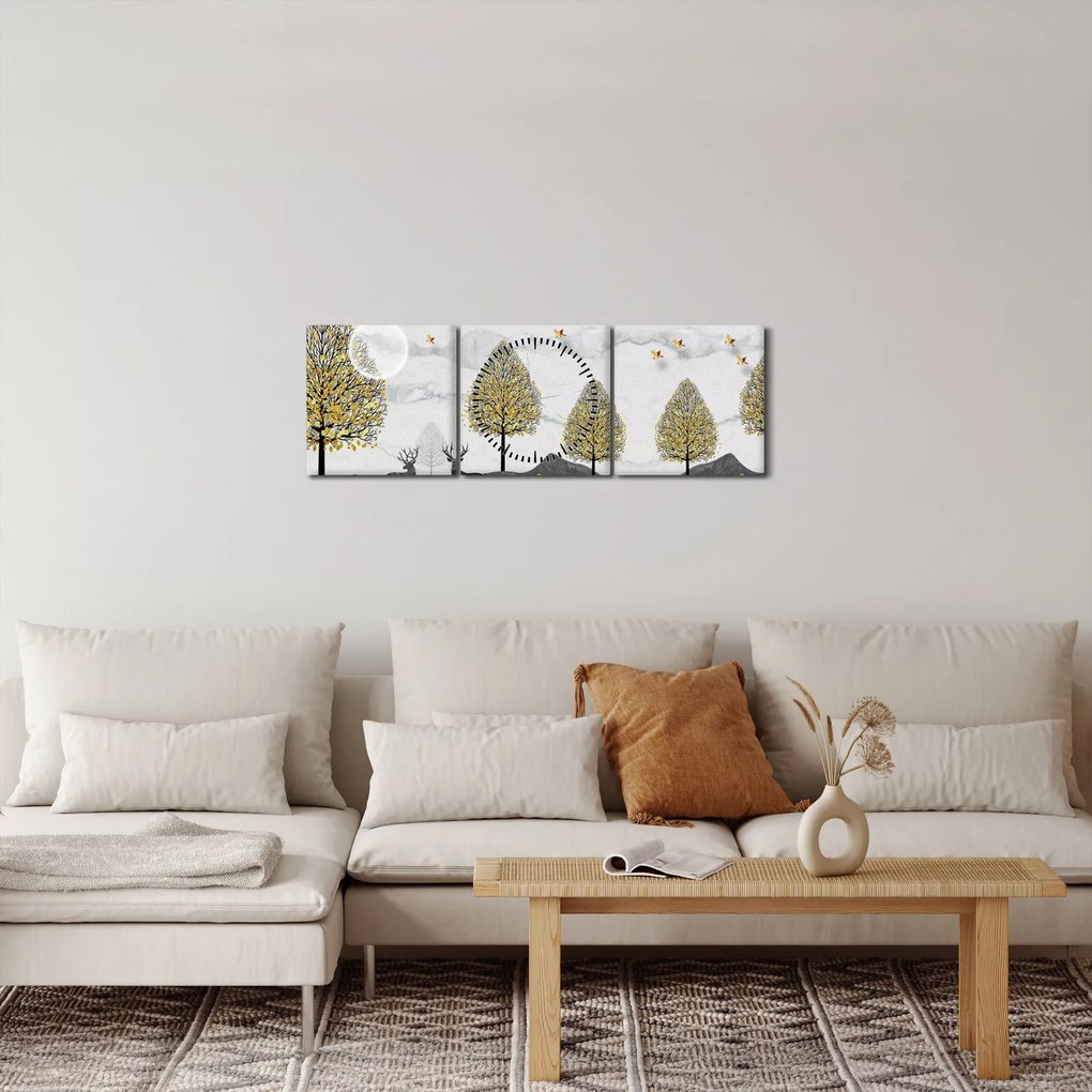 Obraz malowanych jeleni (z zegarem) (90x30 cm)