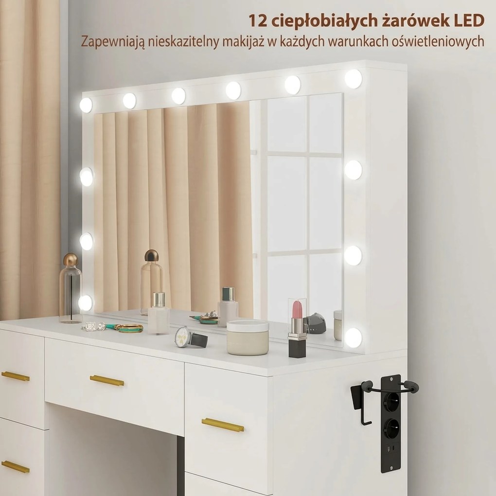 HOMCOM Toaletka z lustrem i 12 lampami LED, toaletka z 7 szufladami, 6 ukrytymi schowkami, płyta wiórowa, Biały