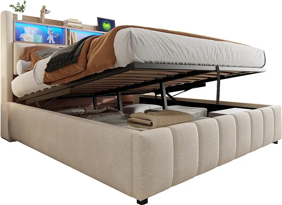 Łóżko z pojemnikiem i tapicerowanym zagłówkiem 180x200 cm - z oświetleniem LED + portem USB - Len - beżowe (bez materaca)
