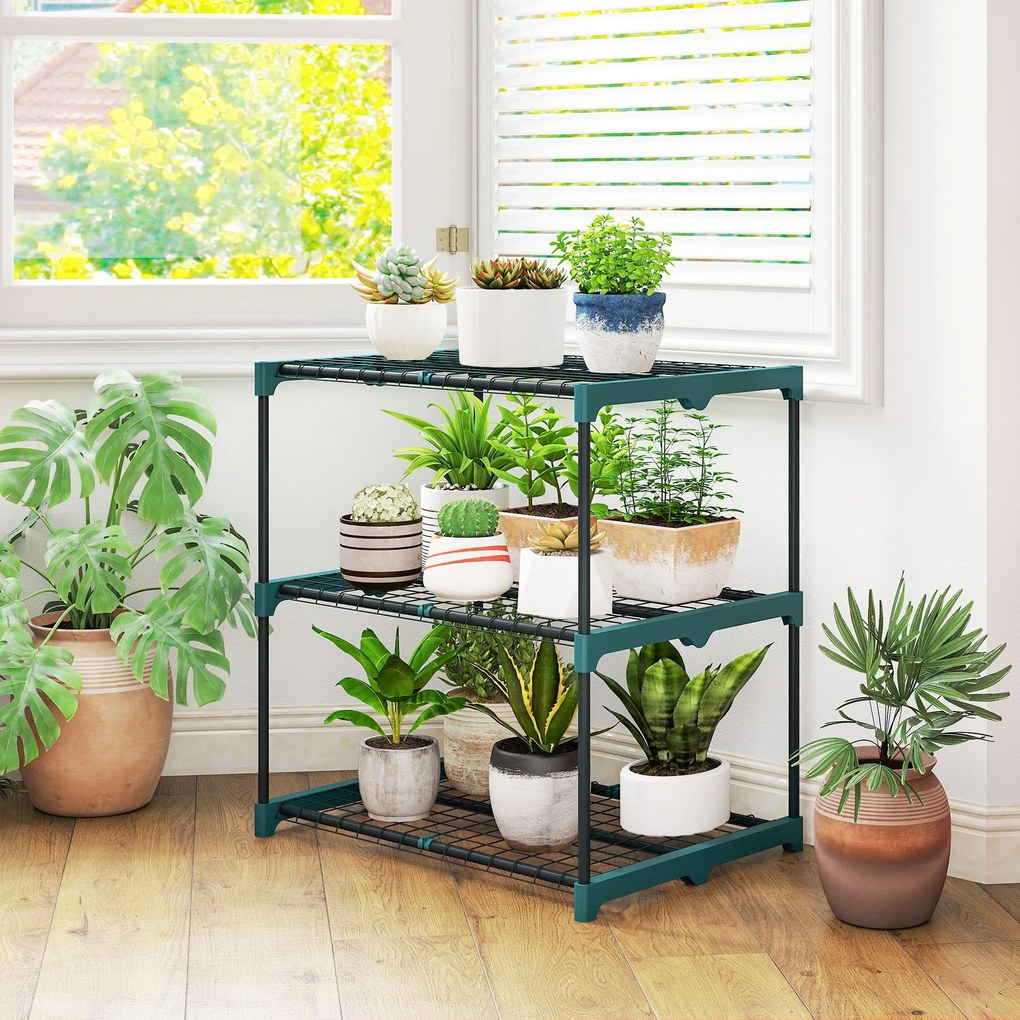 Outsunny 3-poziomowy stojak na rośliny, 72 cm wysokości, stojak na kwiaty do wnętrz i na zewnątrz, regał na rośliny ze stali, Ciemnozielony | Aosom PL