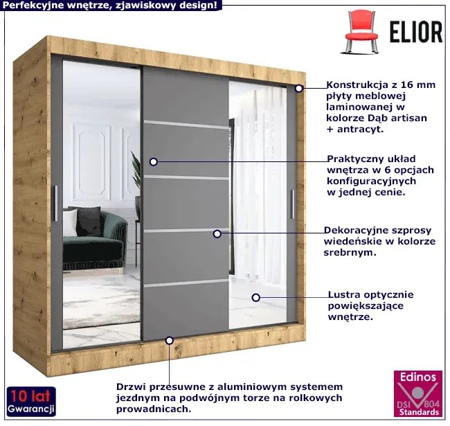 Lustrzana szafa przesuwna 200 cm dąb artisan + antracyt - Ebia 6X