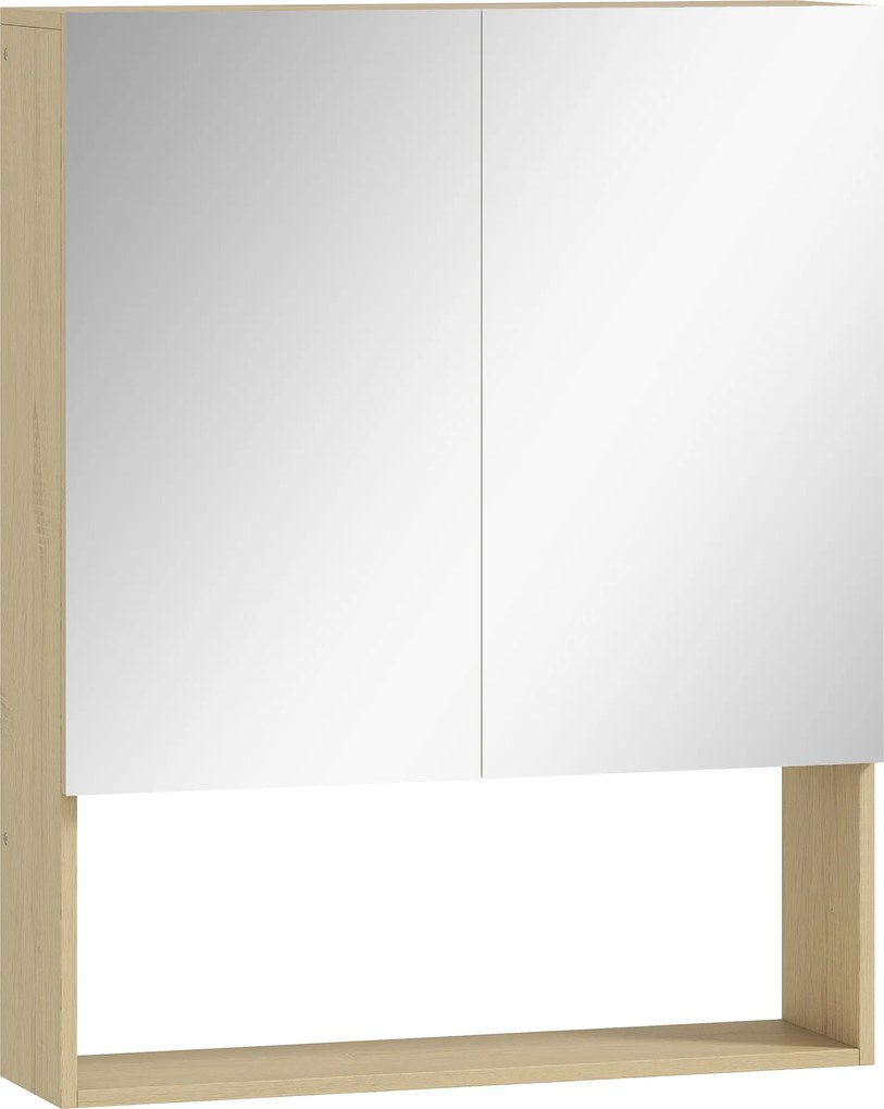 HOMCOM szafka łazienkowa z lustrem, drzwi z lustrem, otwarta półka, montaż na ścianie, MDF, płyta wiórowa, dąb