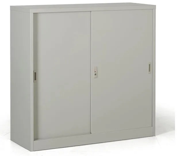 Metalowa szafa z przesuwnymi drzwiami, 2 półki, 1200 x 1200 x 450 mm, jasnoszary
