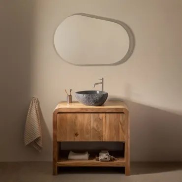 Zestaw Mebli Łazienkowych Z Drewna Vacry Akacja Brąz & Owalna Lampa Led I Przeciwmgielna 100x80 Cm Riben & Szczotkowana Szarość ↑30 Cm Z Zaworem Spust