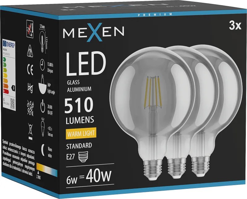 Mexen Vintis 3x żarówka filament LED E27, G125, 6W, Ciepła - 2700K, 510 lm, smoke - L158-E27-0627-70x03