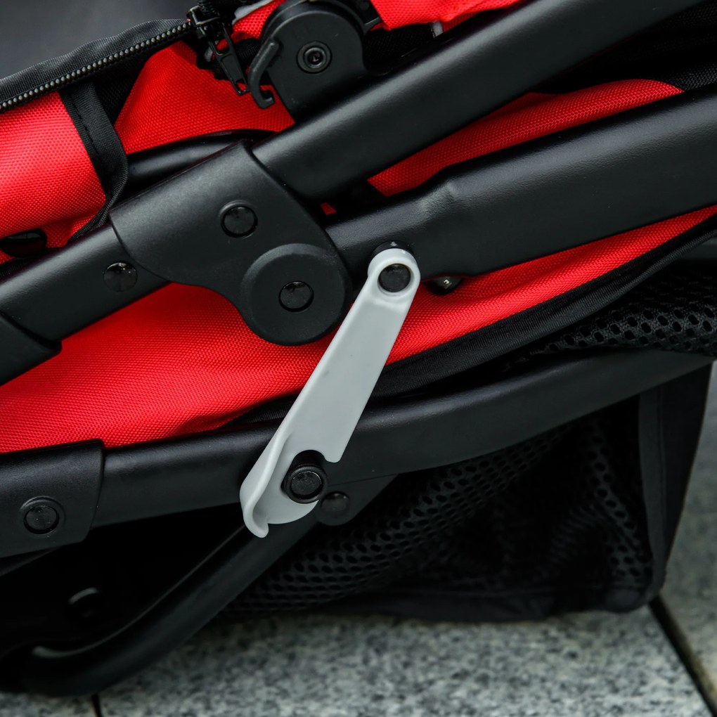 PawHut Wózek dla psów, składany, z daszkiem przeciwsłonecznym, oknami z siatki, koszykiem, czerwony, 111 x 58 x 107 cm | Aosom PL