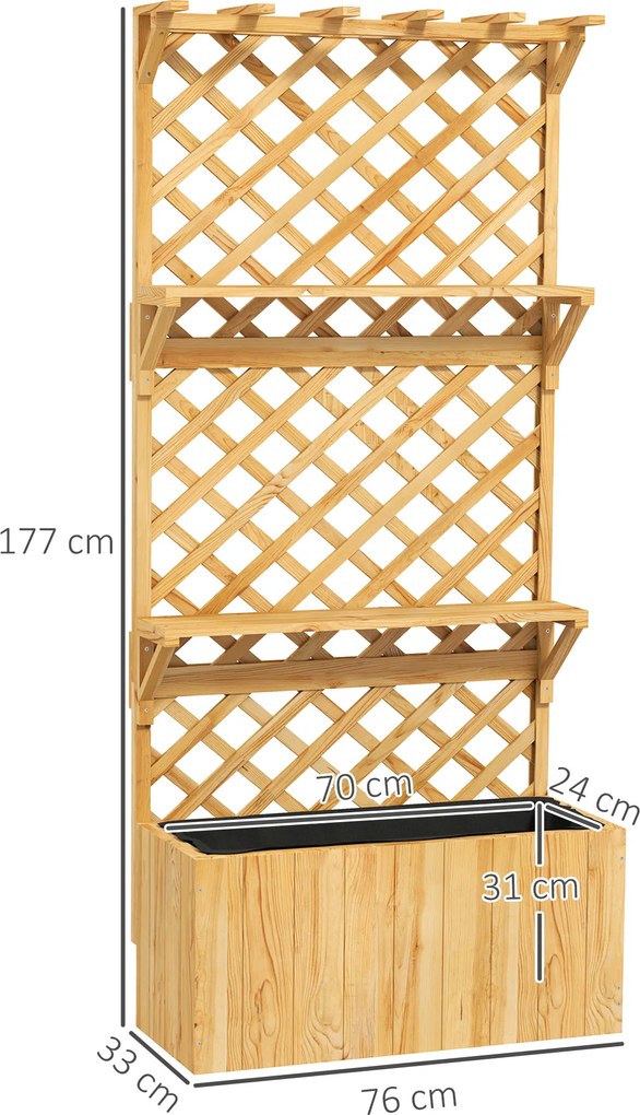 Outsunny Wysoka grządka z trejażem, skrzynka na kwiaty, 2 półki, otwory drenażowe, 76 x 33 x 177 cm